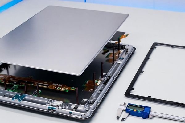 Industrial display module assembled with cover glass and touch layer on mounting hardware, illustrating thickness control and front panel integration.