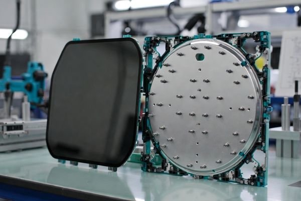 Special-shaped industrial LCD module prototypes on an engineering bench, showing ultra-wide and irregular formats with fixtures and backlight parts.