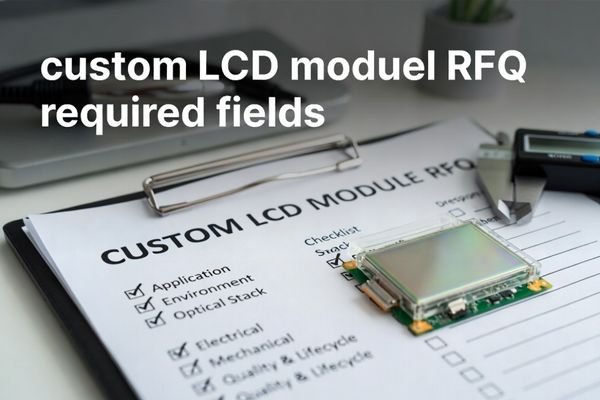 Photorealistic desk scene showing a custom LCD module RFQ checklist with an LCD display module sample, cover lens, cable, and caliper.