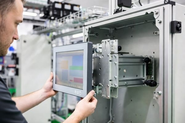Technician installing a display module into a machine enclosure, aligning mounting points and connecting the interface ports.