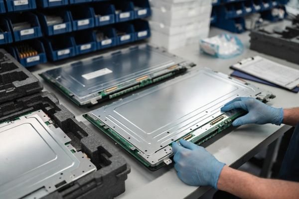 Technician inspecting and packaging large display modules on an ESD-safe bench with standardized trays for consistent supply.