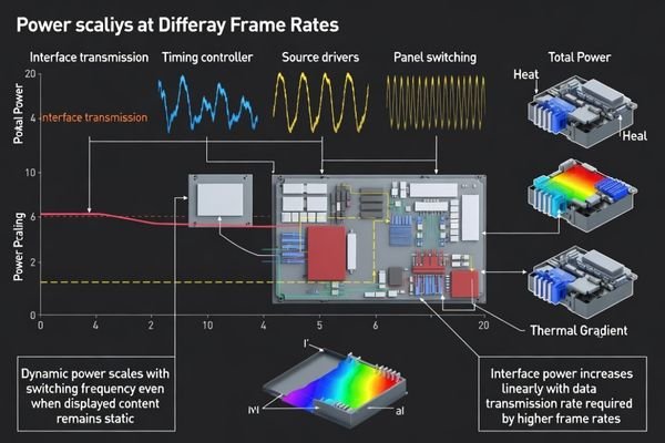 Power consumption analysis showing frame rate impact on LCD display module electrical behavior