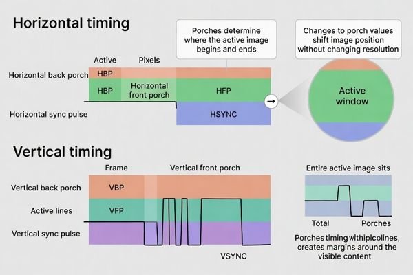 H/V porch timing structure and impact on image positioning in display systems