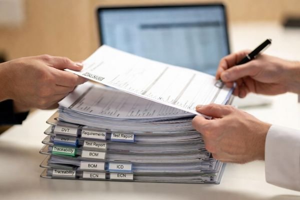 Engineer marking a DVT deliverables checklist beside a stack of requirements, test reports, traceability, BOM, ICD, and ECN documents.