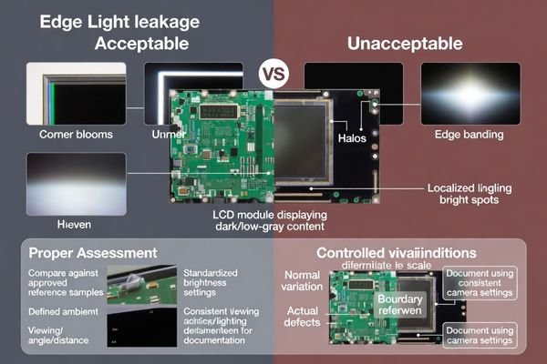 Edge light leakage definition and assessment criteria for LCD modules establishing problem identification and evaluation methodology