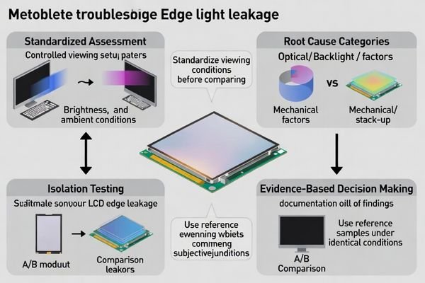 Edge light leakage troubleshooting methodology for LCD display modules establishing systematic analysis and root cause isolation