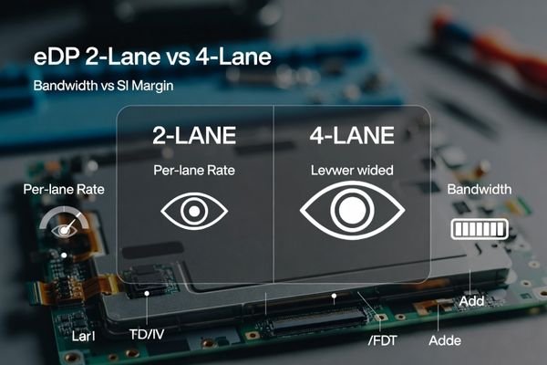 LCD display module with FPC connection showing eDP 2-lane vs 4-lane comparison for bandwidth and signal integrity margin.