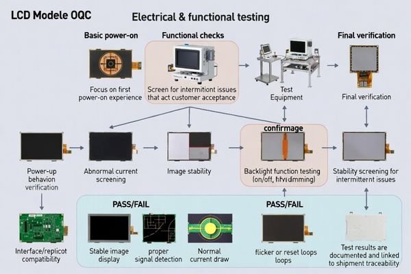 Electrical and functional testing framework for LCD module OQC ensuring reliable power-on behavior and interface compatibility