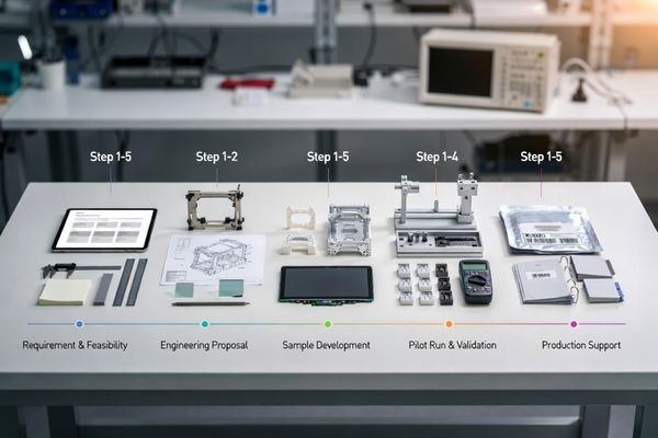 Engineering workflow image showing a five-step process for industrial display projects