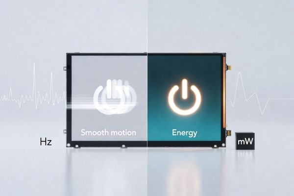 Photorealistic LCD display module hero image showing frame rate smoothness on one side and power consumption impact on the other.