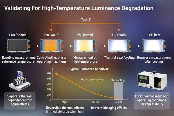 High-temperature luminance validation methodology for wide-temp LCD modules establishing systematic thermal testing and degradation analysis