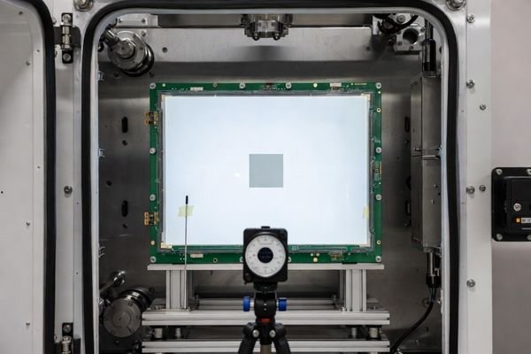 12–15 inch wide-temp LCD module in an environmental chamber with a luminance meter measuring center brightness, validating high-temperature luminance degradation.