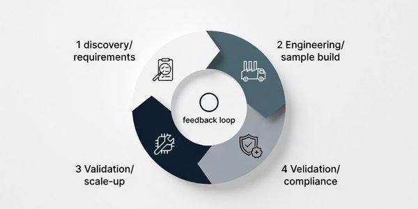 Minimal 4-step closed-loop process diagram showing a gated engagement workflow from scope definition to pilot handover and stable supply.