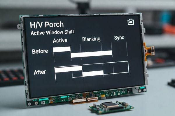 LCD display module on a lab bench showing an H/V porch timing overlay where porch redistribution shifts the active window and image position.