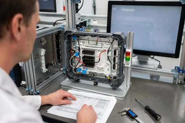 Engineers verifying an industrial display module prototype on a lab workbench using a checklist and test jig.