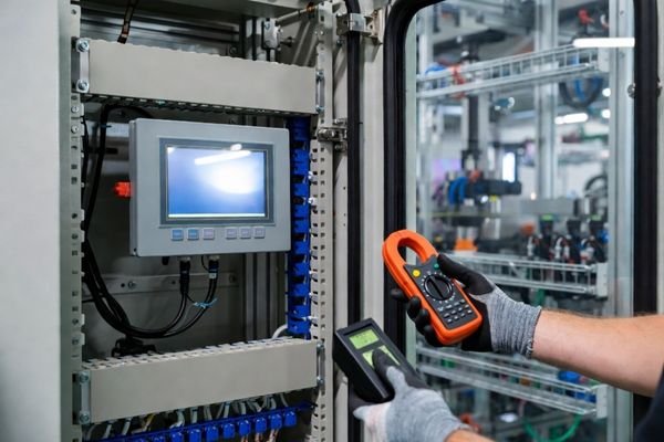 Open industrial control cabinet with a mounted HMI LCD module showing a status screen and subtle backlight flicker, with diagnostic tools nearby.