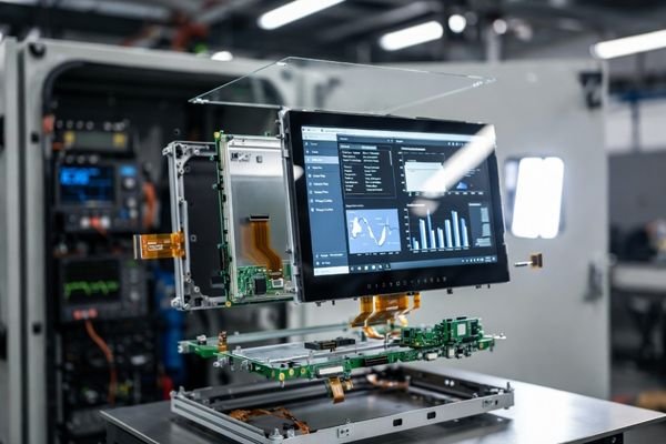 Photorealistic industrial HMI LCD module integration showing optical stack (cover lens, gasket, bezel), signal chain, EMI/ESD protection, and validation tools.