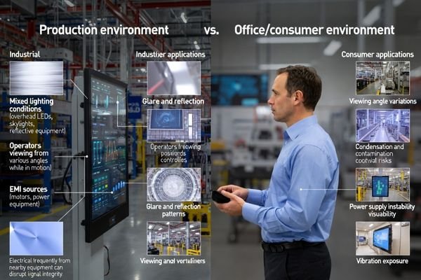 Production line dashboard requirements analysis distinguishing industrial from standard LCD applications