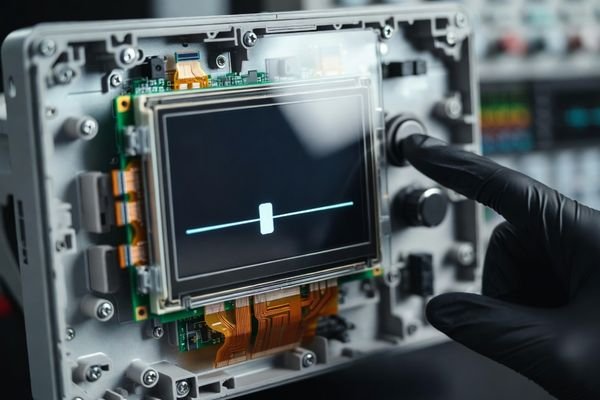 Gloved user pressing a control on an embedded device while the LCD display module UI feedback updates slightly late, illustrating input lag in a real HMI application.