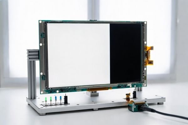 Bright lab photo of an LCD display module showing a partial black-screen dropout with a power/interface/backlight test jig and probe for troubleshooting.