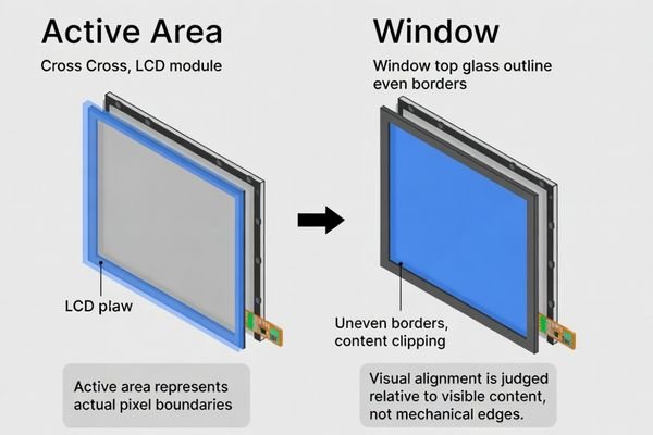 Active area definition and window alignment relationship for LCD display module integration ensuring proper visual alignment