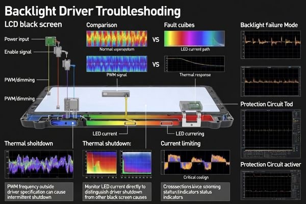 Backlight driver troubleshooting and thermal protection analysis for black screen diagnosis