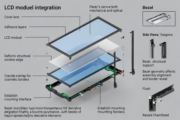 Bezel structure definition for LCD module integration establishing mechanical and optical boundary functions