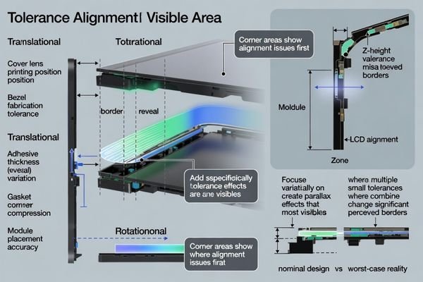 Tolerance stack-up analysis for bezel integration identifying cumulative effects on visible area stability and alignment quality