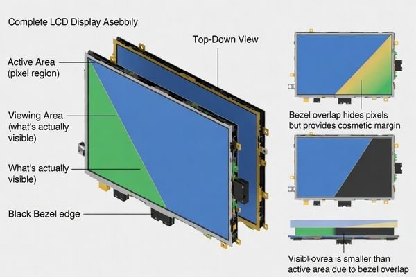 Bezel integration framework for LCD display modules showing relationship between window geometry and visible area calculations