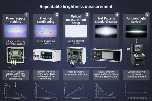Test condition control requirements for repeatable high-brightness LCD module measurement