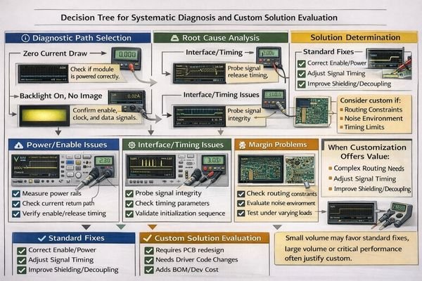 Troubleshooting decision framework and customization evaluation for LCD modules