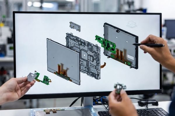 Engineering review of an LCD display module showing CAD and module sample with ESD-safe verification workflow.