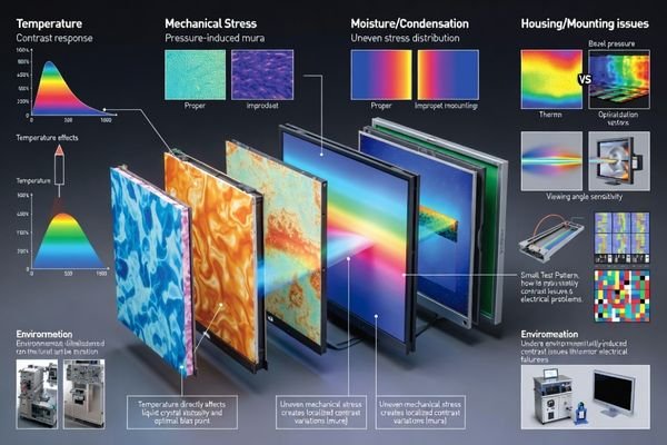 Environmental and mechanical factor identification for LCD contrast troubleshooting and prevention