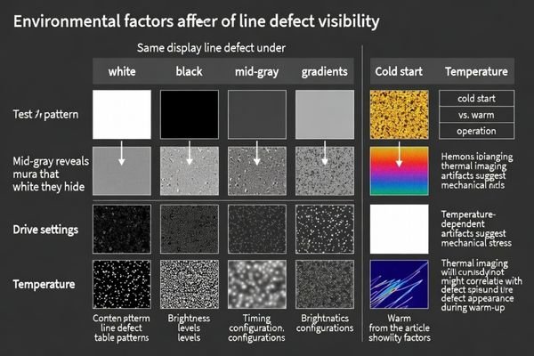 Environmental factor analysis for line defect visibility showing pattern, drive, and temperature effects on artifact appearance