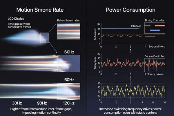 Frame rate impact on LCD display module smoothness and power consumption optimization