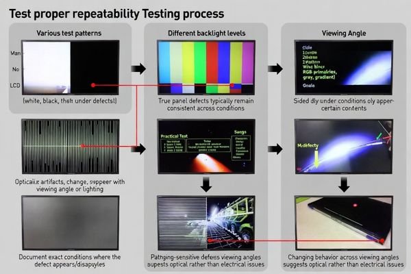 Repeatability testing methodology for line defect evaluation ensuring accurate distinction between panel defects and optical artifacts