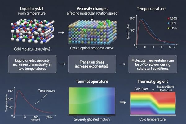 Low temperature effects on LCD response time through liquid crystal viscosity and molecular dynamics