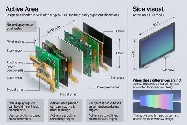 Active area definition framework for LCD modules establishing clear distinction between pixel boundaries and mechanical dimensions