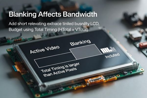 LCD display module timing diagram showing Active Video vs Blanking and how blanking increases interface bandwidth budgeting.
