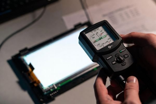 Technician measuring an LCD display module’s luminance with a calibrated meter beside a procurement acceptance checklist, illustrating brightness specification terms.