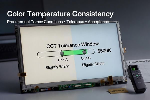 LCD display module showing warm vs cool white split and a CCT tolerance window, illustrating procurement terms for color temperature consistency.