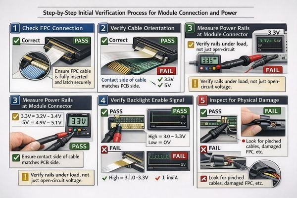 Initial diagnostic checklist for LCD display modules with no-light symptoms