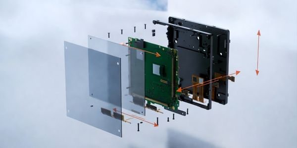 Exploded-view rendering of an LCD module stack with frame, glass, panel layers, backlight, and driver PCB, showing engineering integration structure without labels.