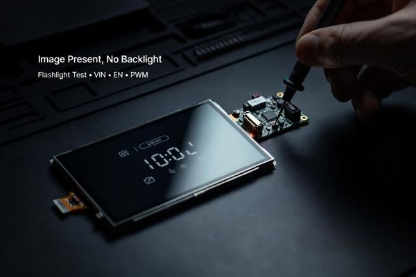 Flashlight revealing a faint image on a powered LCD display module with no backlight, while a multimeter probes the backlight driver board for VIN/EN/PWM checks.