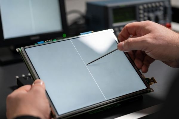 Technician inspecting an LCD display module showing a thin vertical line defect on a gray test pattern, using a reference driver setup to judge abnormality.