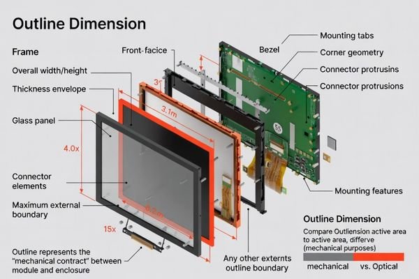 Outline dimension definition framework for LCD display modules establishing mechanical fit requirements and integration constraints