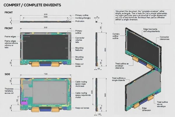 LCD module outline dimension specification framework establishing complete physical envelope definition for mechanical design
