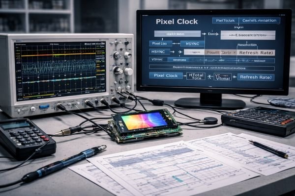 Engineering workstation analyzing LCD module pixel clock with oscilloscope and timing diagrams.