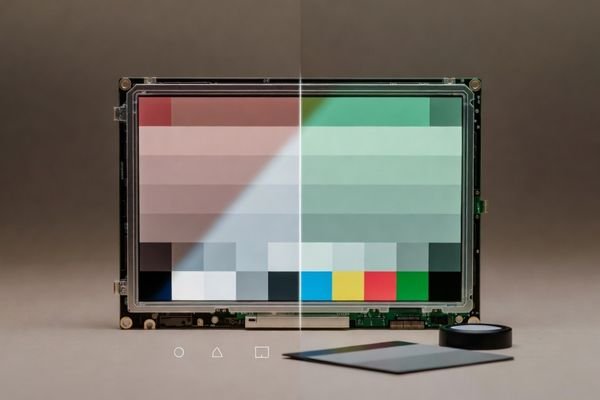 LCD display module showing a split comparison of slight reddish and greenish tint on a grayscale test ramp, with a colorimeter and gray cards for white-point troubleshooting.