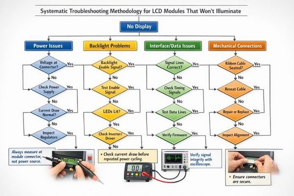 LCD display module diagnostic flowchart for no-light troubleshooting approach